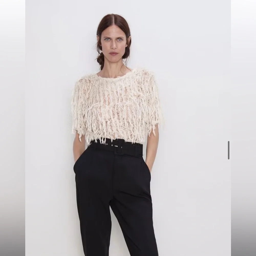 Zara Cream Textured Fringe Short-Sleeve Top Size M